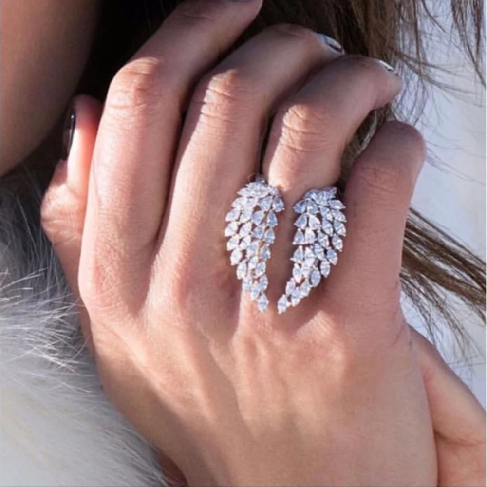 New Women’s 925 Silver Wings of Angel Diamond Adjustable Ring